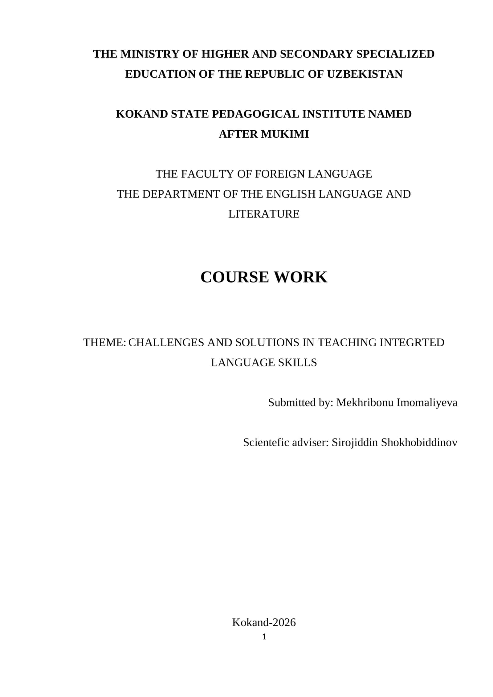 Course Work on Challenges and Solutions in Teaching Integrated Language Skills 1