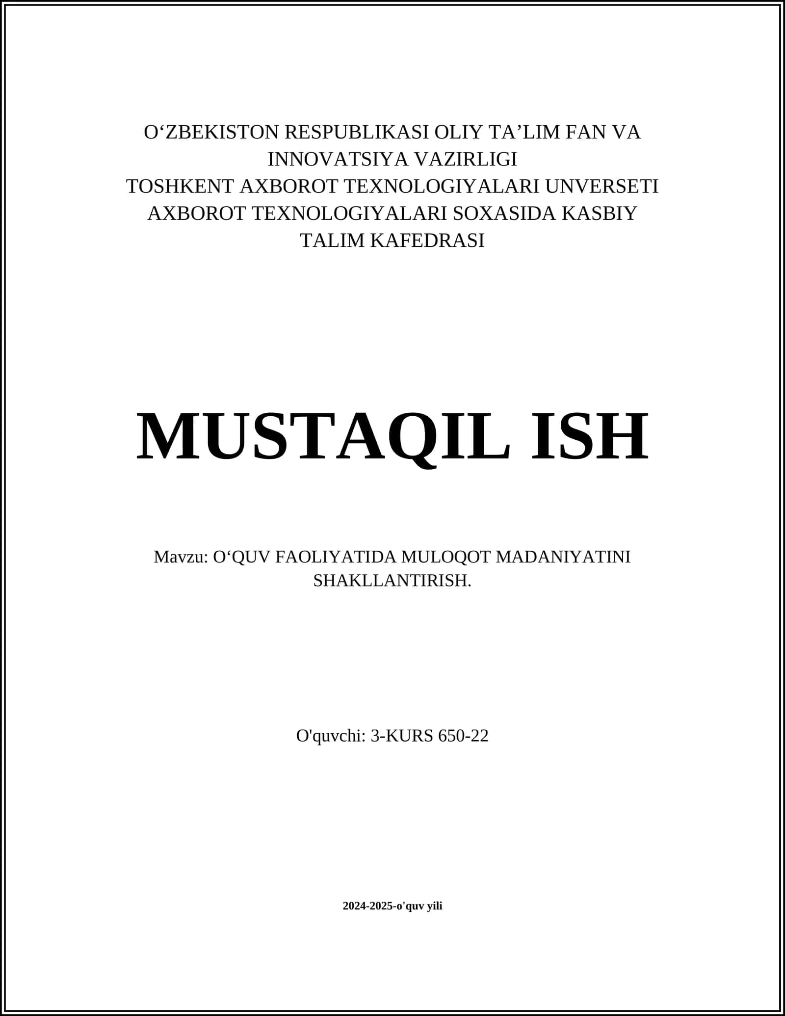 O‘QUV FAOLIYATIDA MULOQOT MADANIYATINI SHAKLLANTIRISH 1
