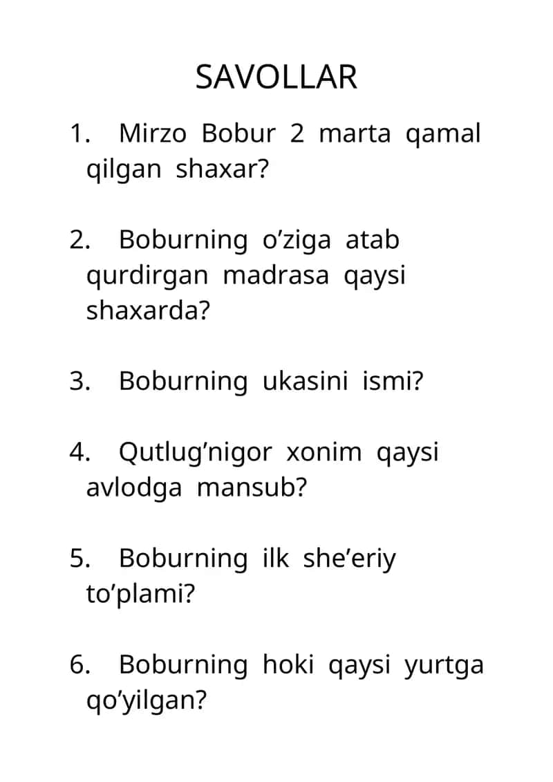 Adabiyotdan savollar Bobur 1
