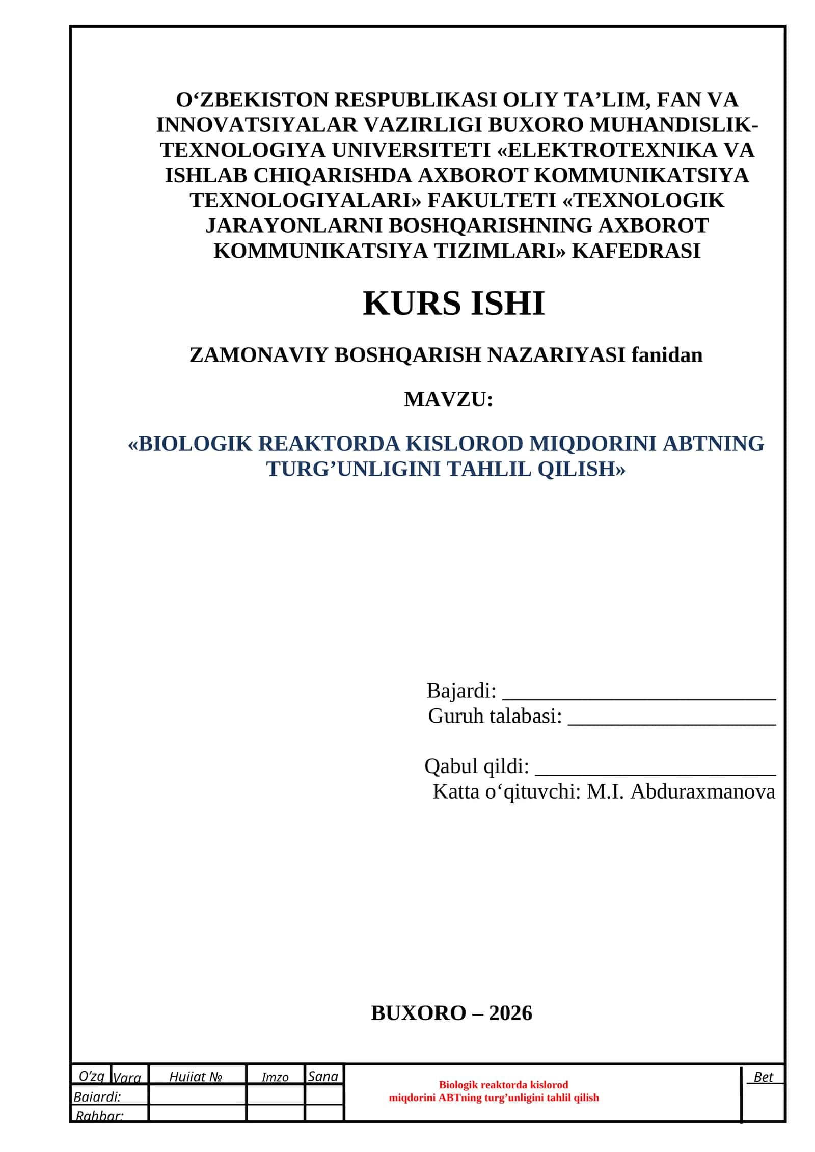 BIOLOGIK REAKTORDA KISLOROD MIQDORINI ABTNING TURG’UNLIGINI TAHLIL QILISH 1