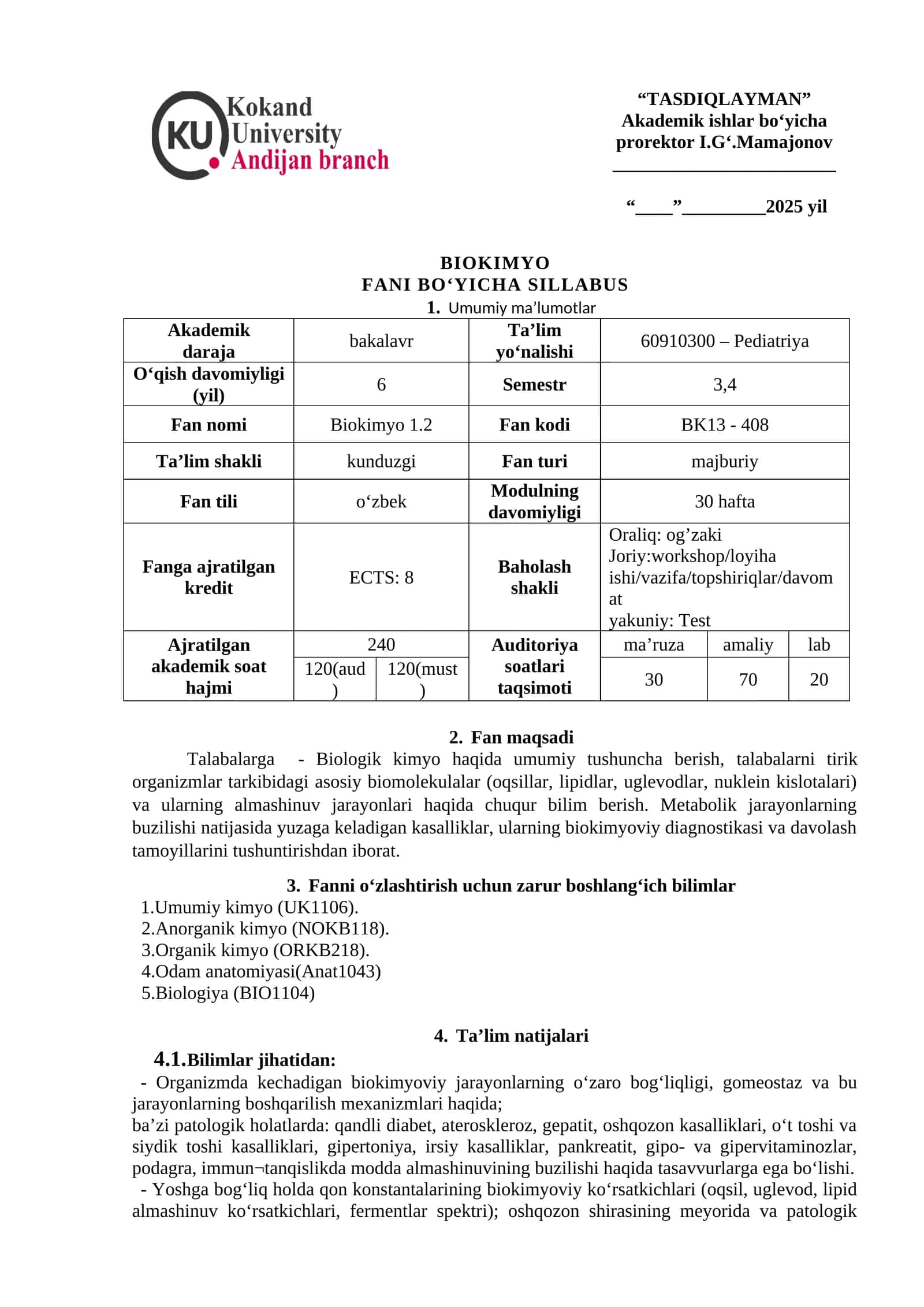 BIOKIMYO FANI BO‘YICHA SILLABUS 1