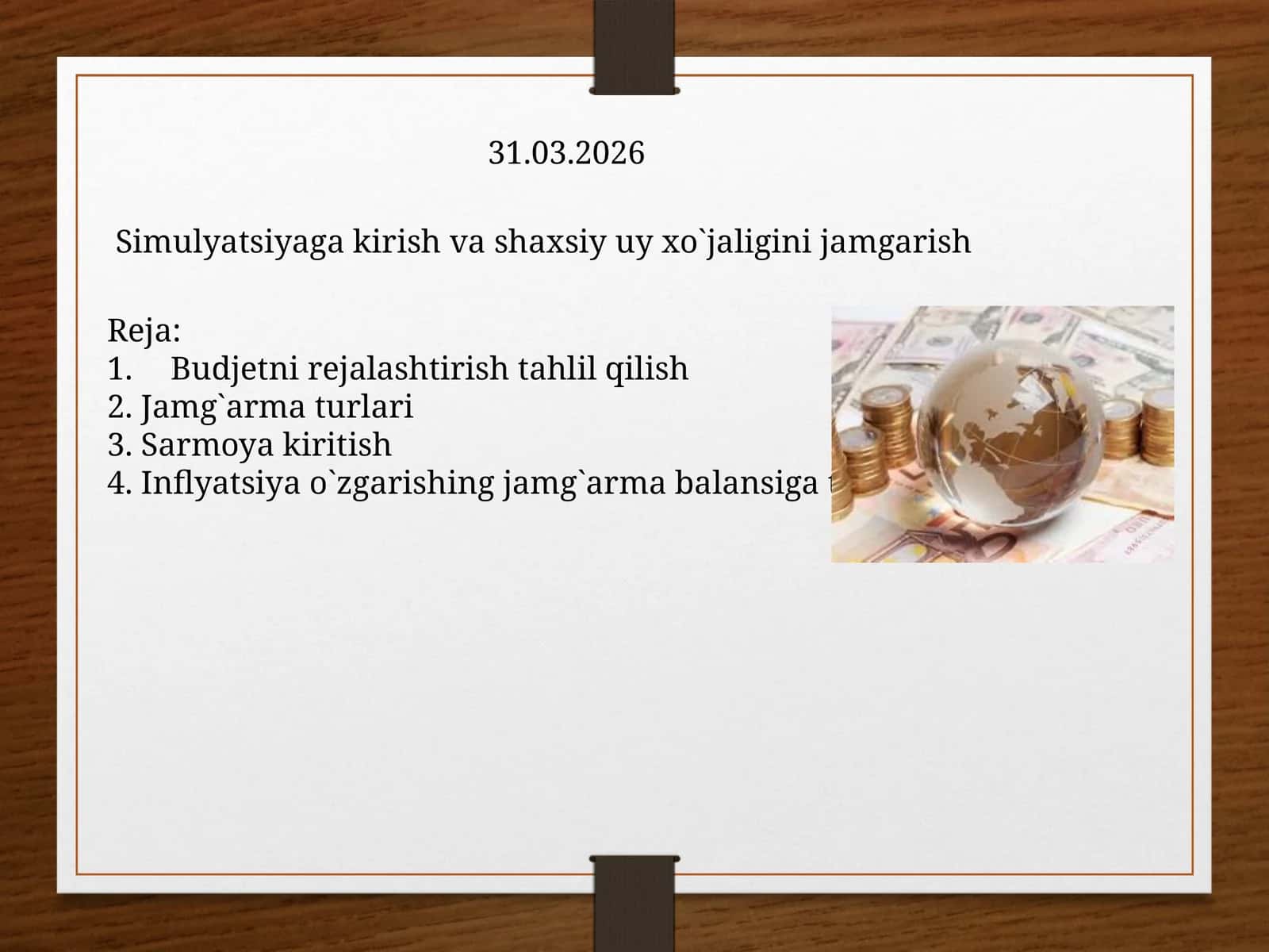 Simulyatsiyaga kirish va shaxsiy uy xo`jaligini jamgarish 1
