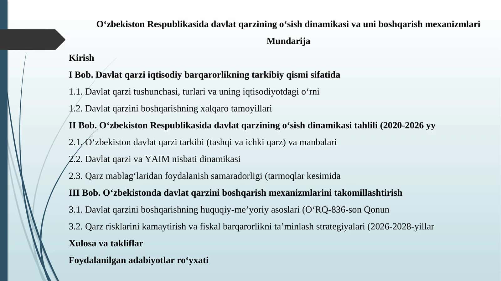 O'zbekiston Respublikasi Davlat qarzining o'sish dinamikasi va uniboshqarish mexanizmlari 1
