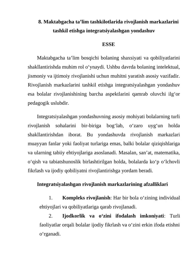 Maktabgacha ta’lim tashkilotlarida rivojlanish markazlarini tashkil etishga integratsiyalashgan yondashuv 1