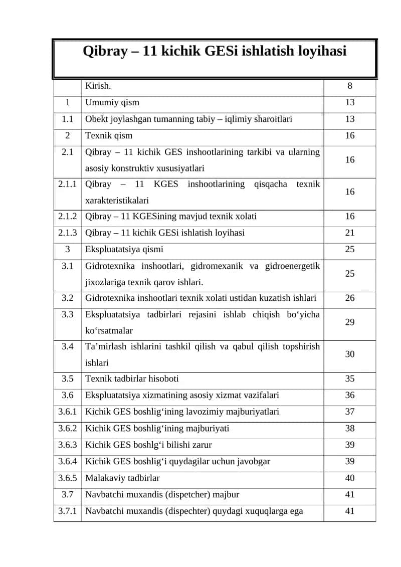 Qibray – 11 kichik GESi ishlatish loyihasi 1