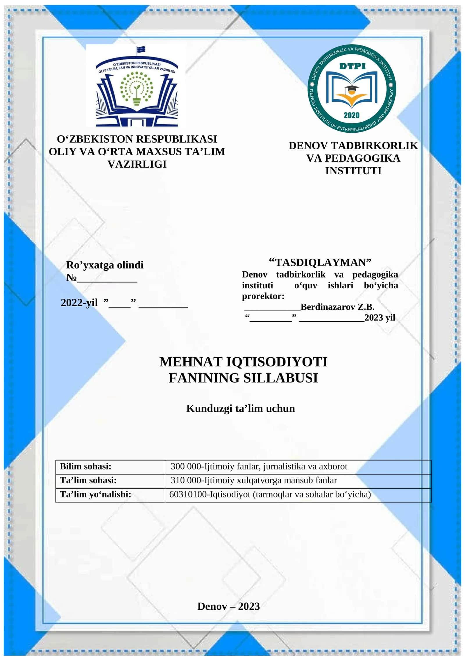 Mehnat Iqtisodiyoti Fanining Sillabusi 1