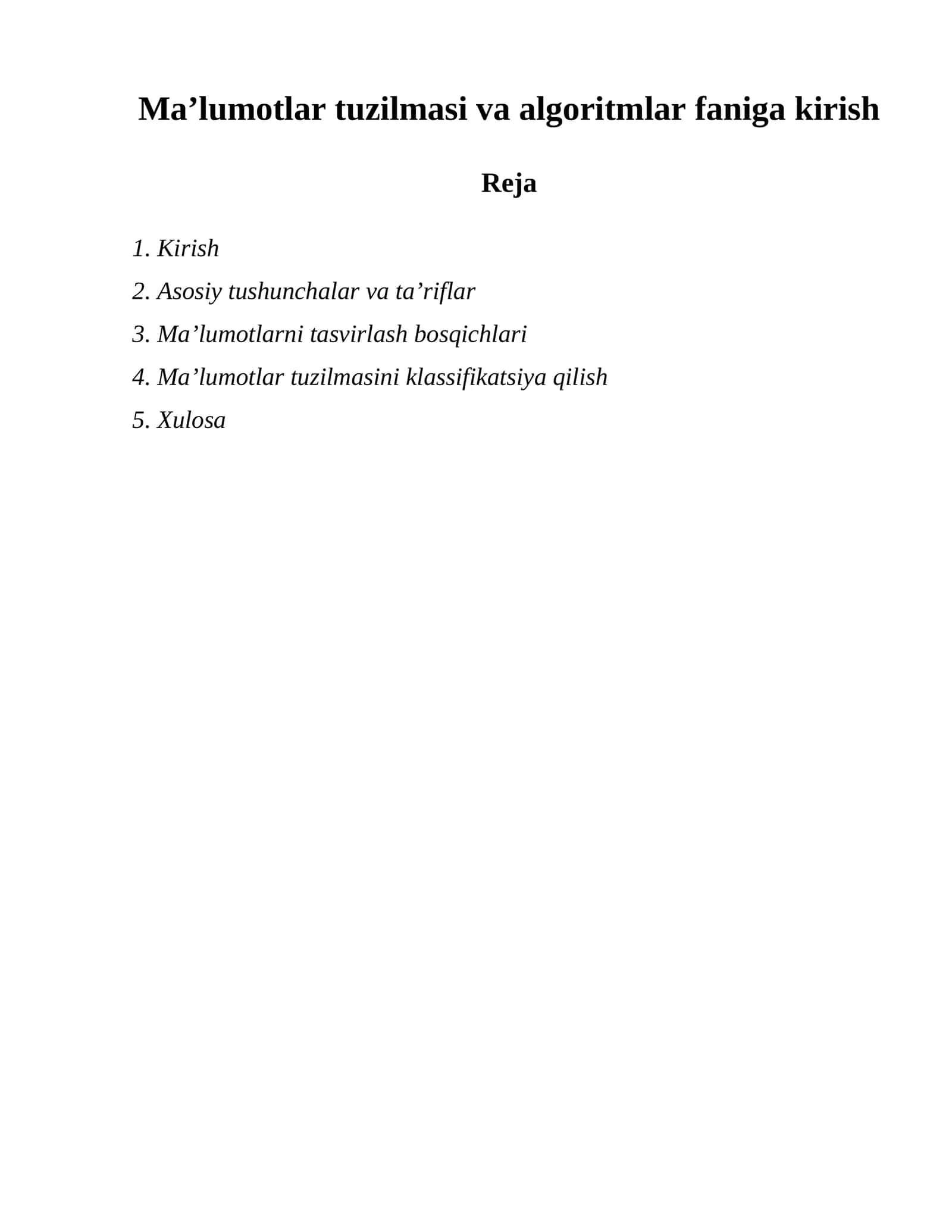 Maʼlumotlar tuzilmasi va algoritmlar faniga kirish 1