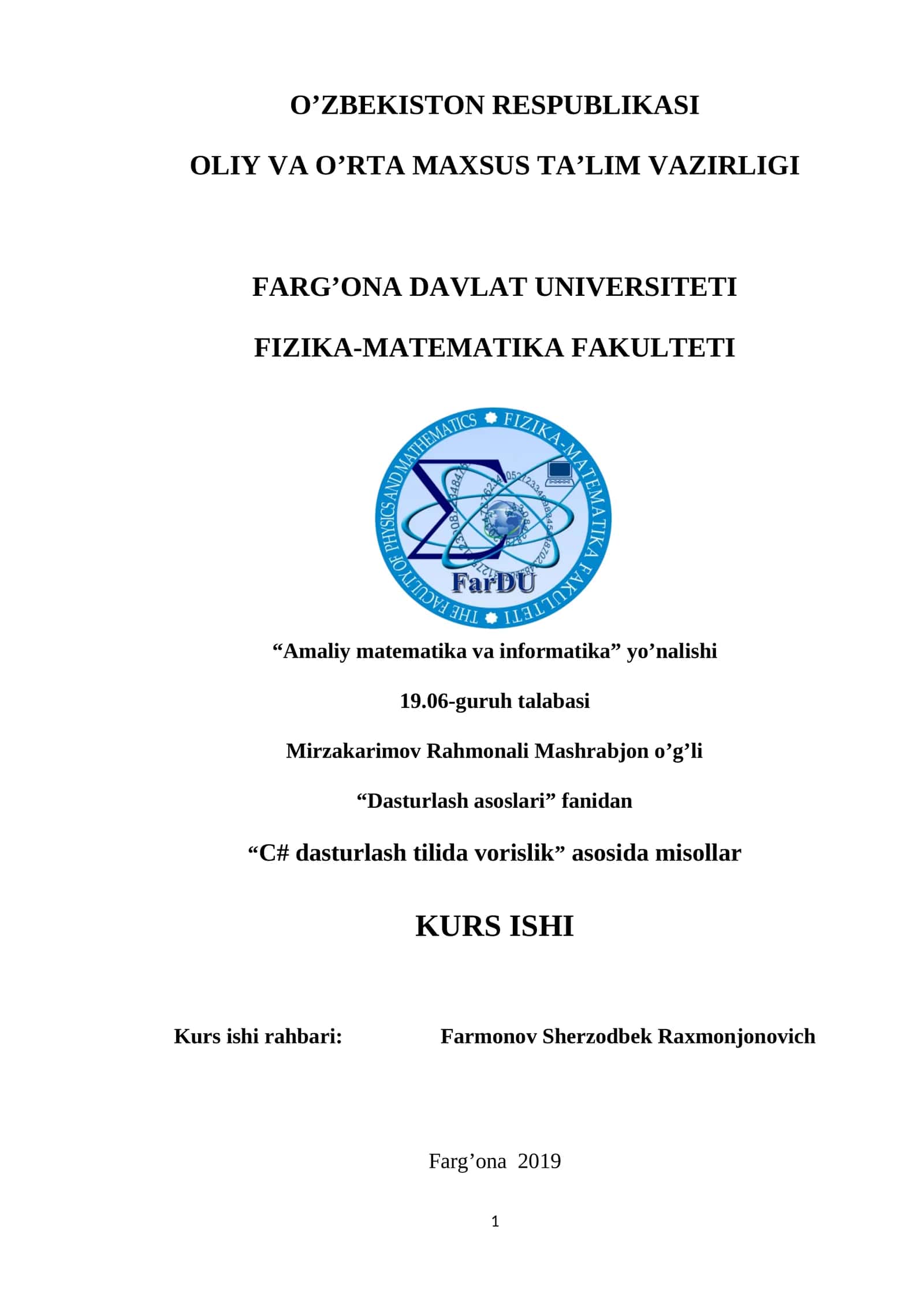 C# dasturlash tilida vorislik asosida misollar 1