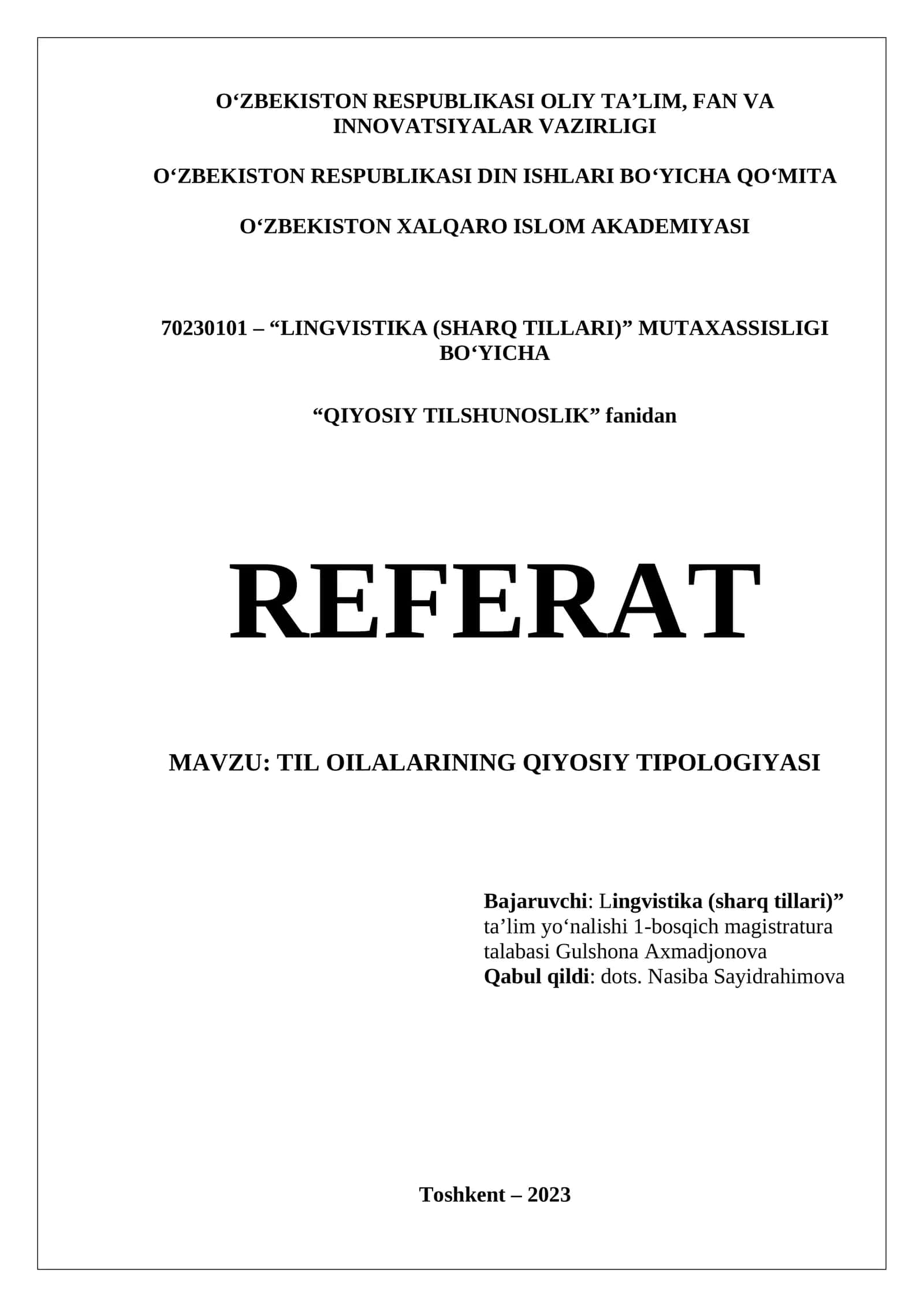 REFERAT Til oilalarining qiyosiy tipologiyasi 1