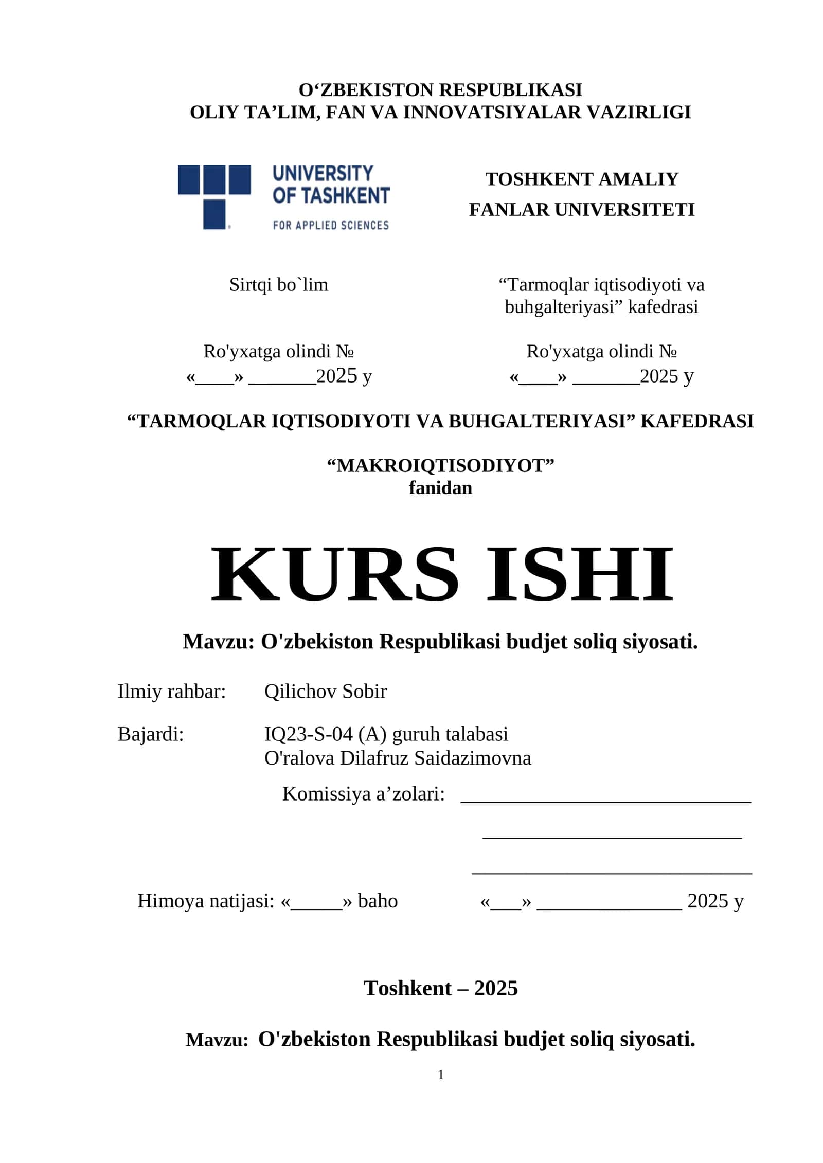 O'zbekiston Respublikasi budjet soliq siyosati 1