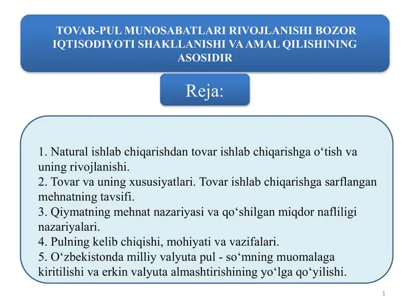 TOVAR-PUL MUNOSABATLARI RIVOJLANISHI BOZOR IQTISODIYOTI SHAKLLANISHI VA AMAL QILISHINING ASOSIDIR 1