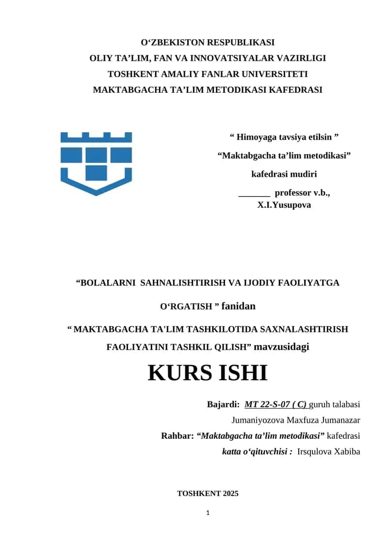 MAKTABGACHA TA'LIM TASHKILOTIDA SAXNALASHTIRISH FAOLIYATINI TASHKIL QILISH 1