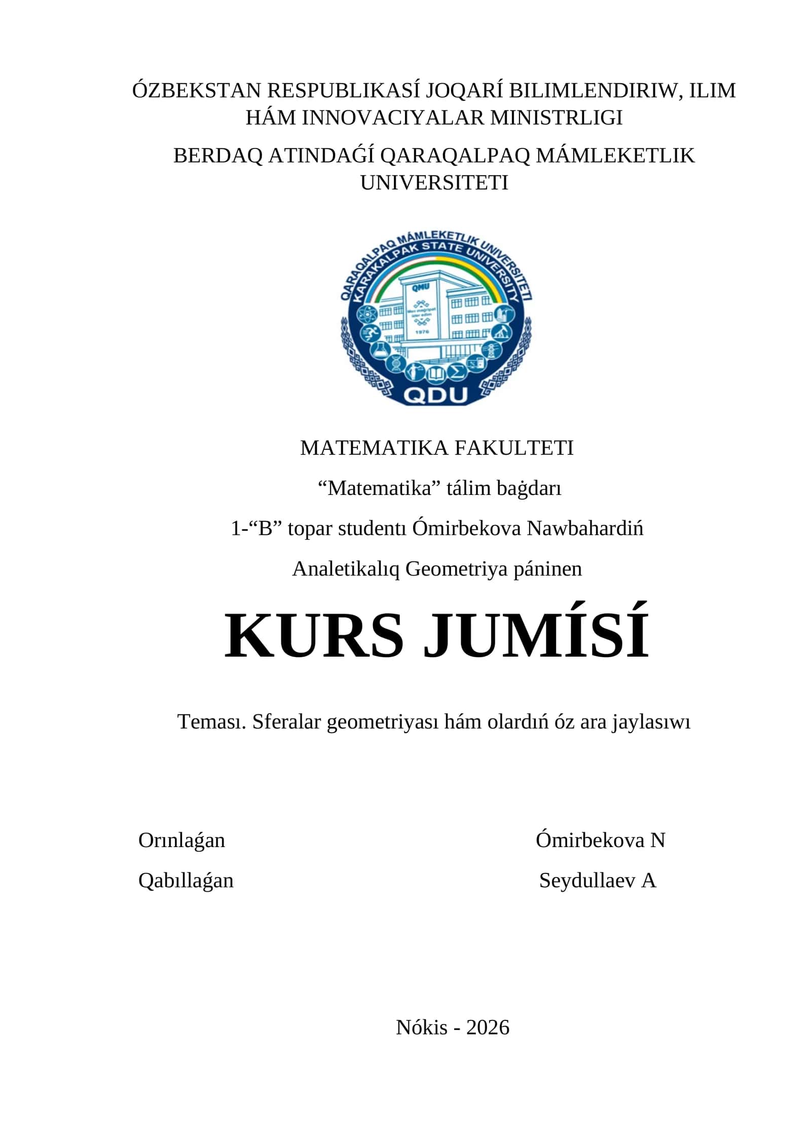 Sferalar geometriyası hám olardıń óz ara jaylasıwı 1