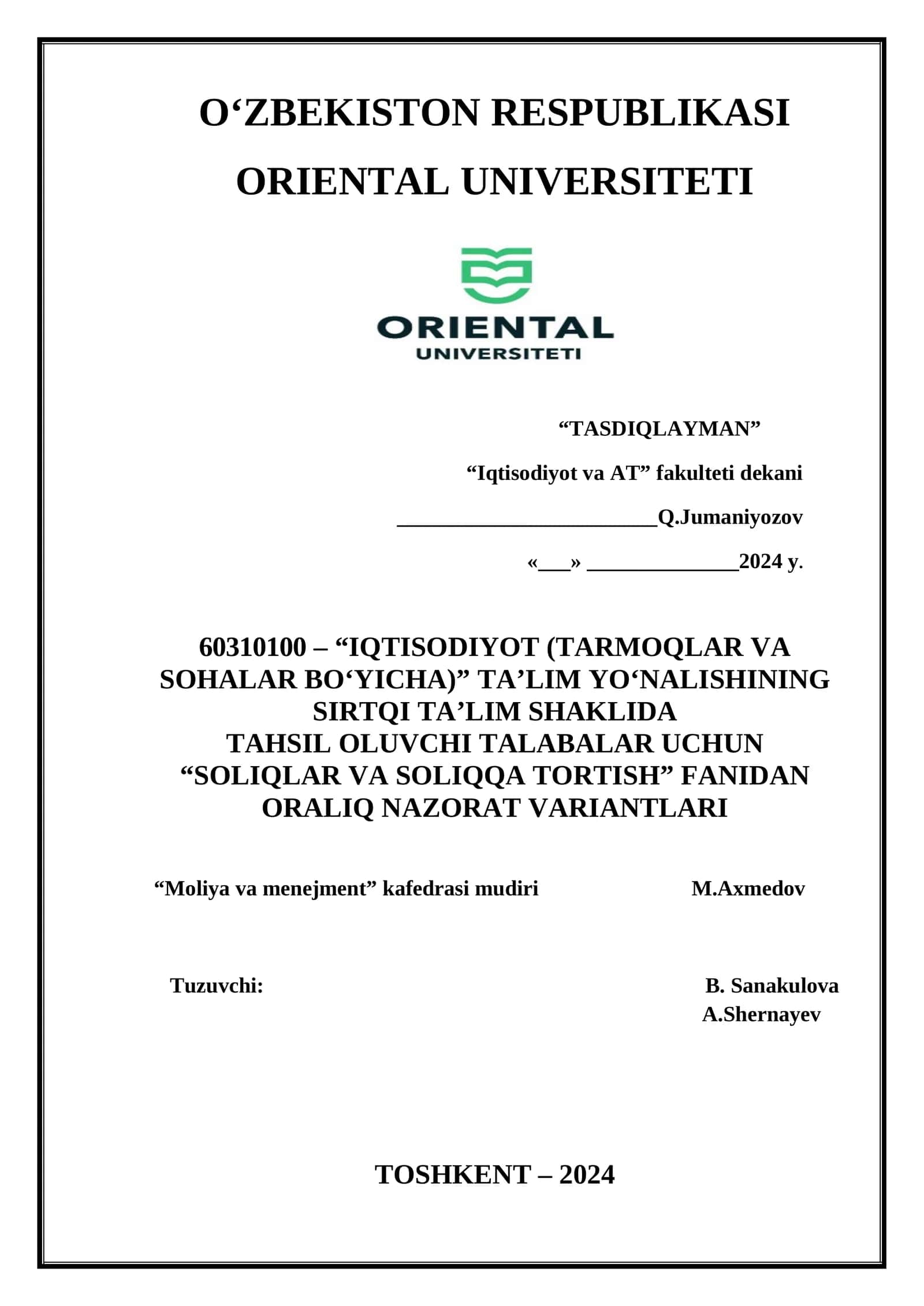 "SOLIQLAR VA SOLIQQA TORTISH" FANIDAN ORALIQ NAZORAT VARIANTLARI 1