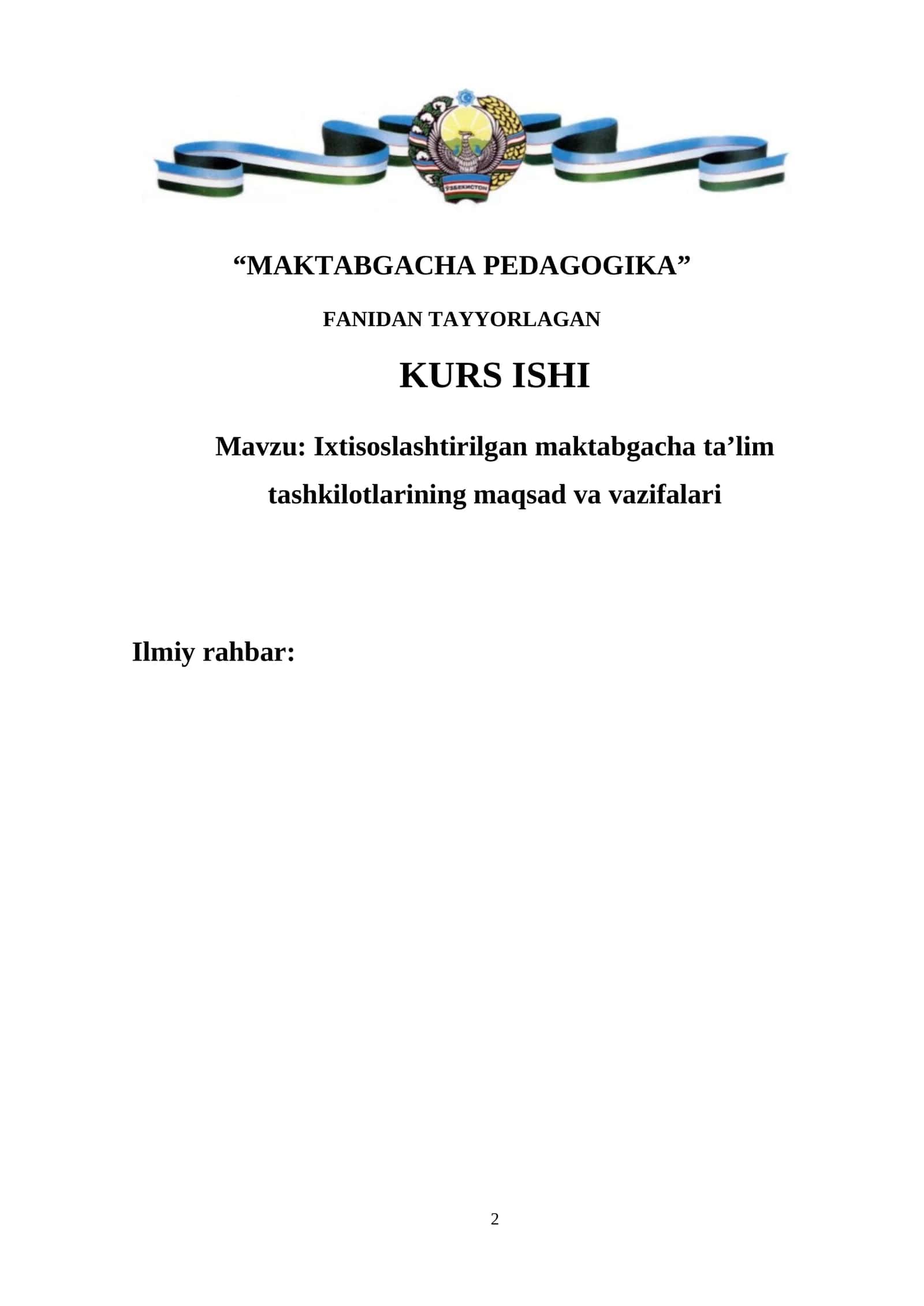 MAKTABGACHA PEDAGOGIKA FANIDAN TAYYORLAGAN KURS ISHI 1