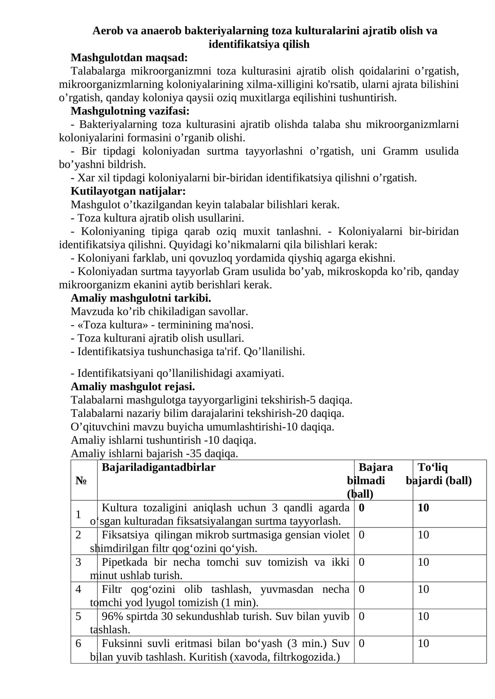 Aerob va anaerob bakteriyalarning toza kulturalarini ajratib olish va identifikatsiya qilish 1