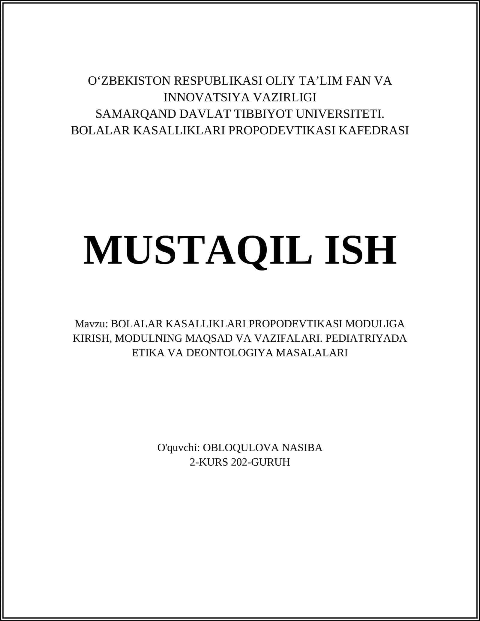 BOLALAR KASALLIKLARI PROPODEVTIKASI MODULIGA KIRISH 1