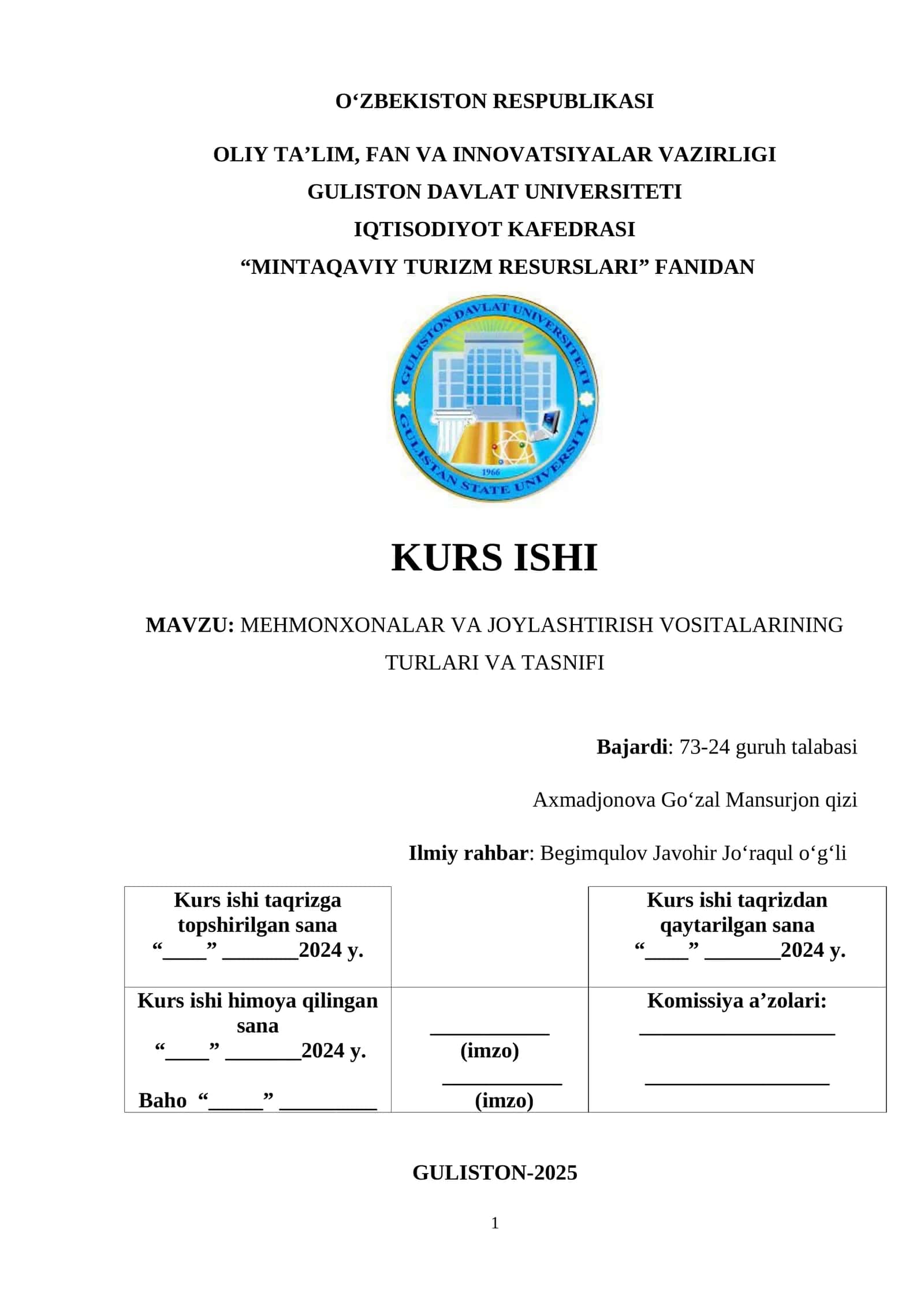 MEHMONXONALAR VA JOYLASHTIRISH VOSITALARINING TURLARI VA TASNIFI 1