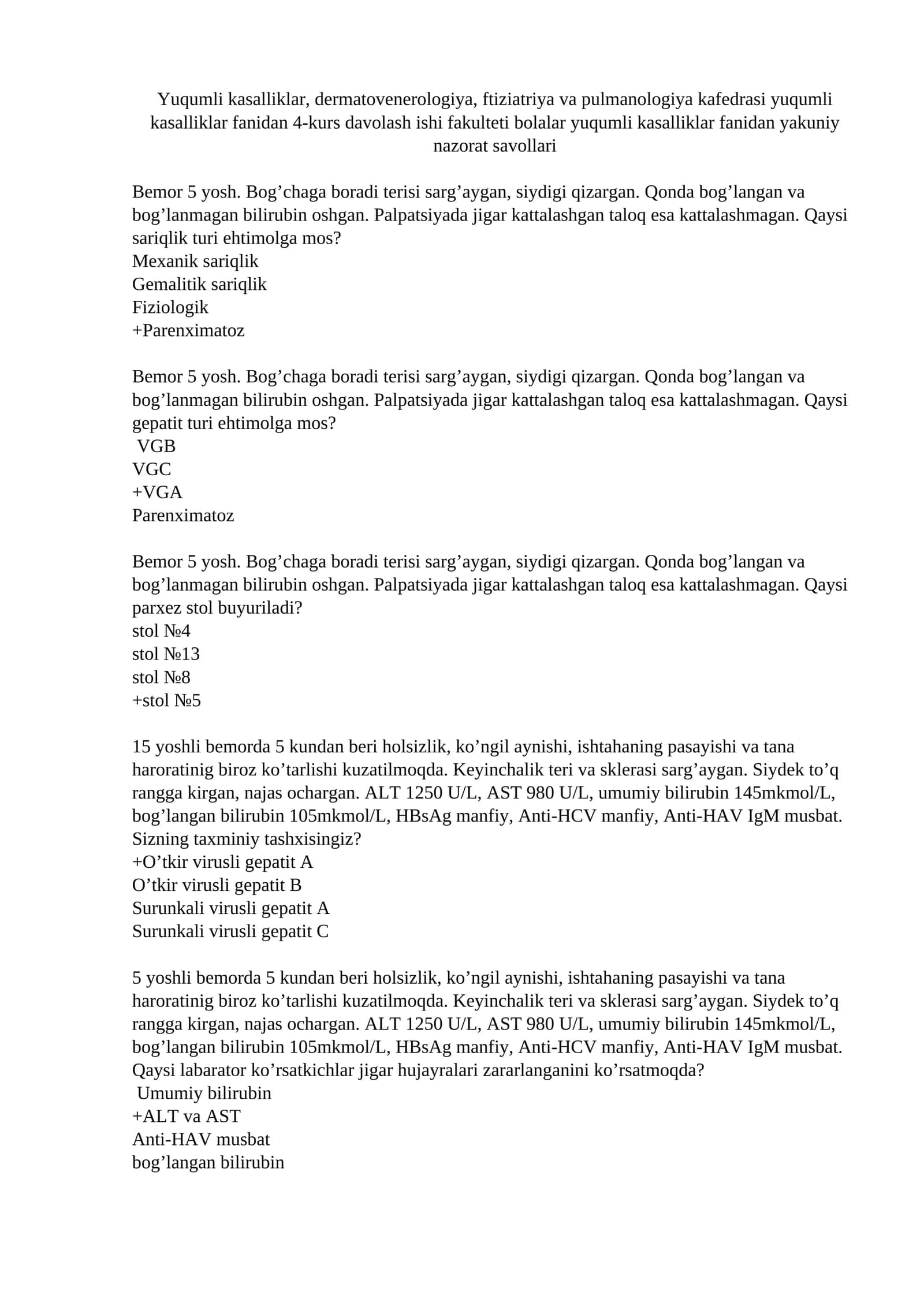 Yuqumli Kaslaliklar fanidan 150 test 1