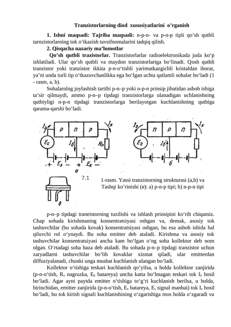Tranzistorlarning diod xususiyatlarini o’rganish 1