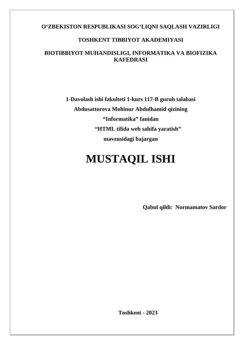HTML tilida web sahifa yaratish 1