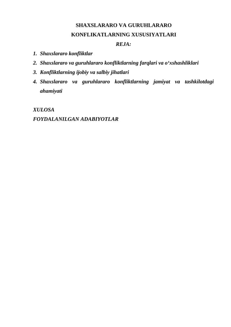 SHAXSLARARO VA GURUHLARARO KONFLIKATLARNING XUSUSIYATLARI 1