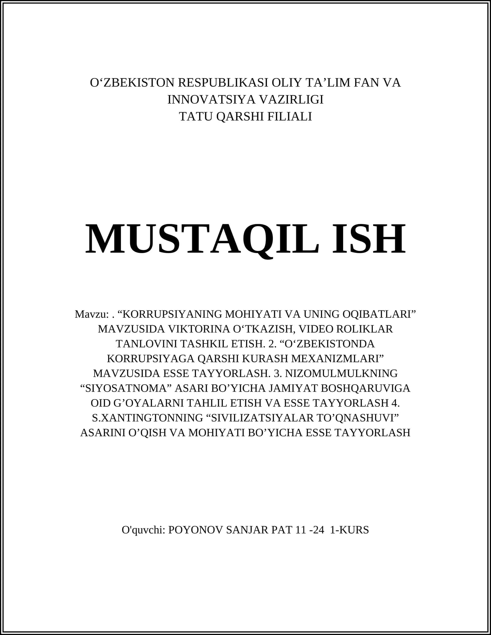 “KORRUPSIYANING MOHIYATI VA UNING OQIBATLARI” VIKTORINASI 1