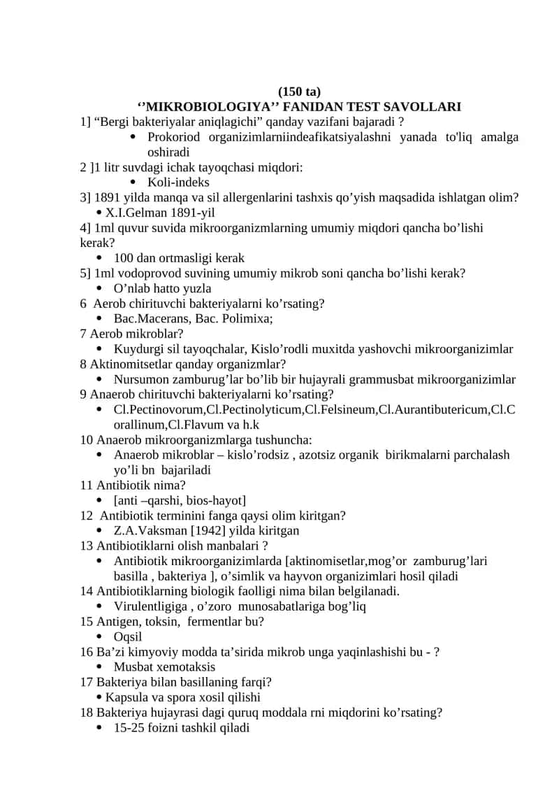 "MIKROBIOLOGIYA" FANIDAN TEST SAVOLLARI 1