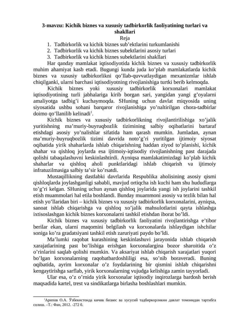 Kichik biznes va xususiy tadbirkorlik faoliyatining turlari va shakllari 1