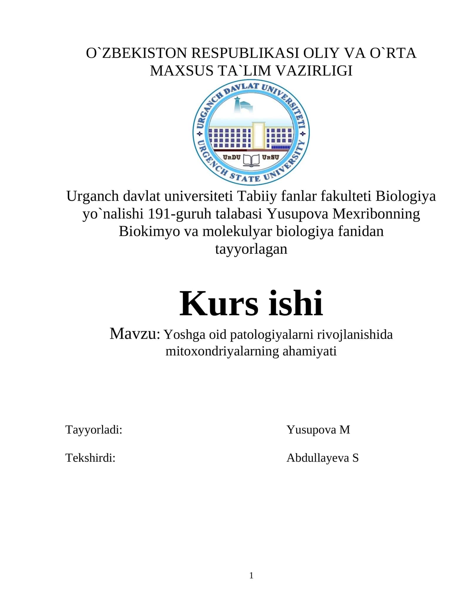 Yoshga oid patologiyalarni rivojlanishida mitokondriyalarning ahamiyati 1