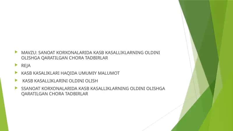 SANOAT KORXONALARIDA KASB KASALLIKLARNING OLDINI OLISHGA QARATILGAN CHORA TADBIRLAR 1