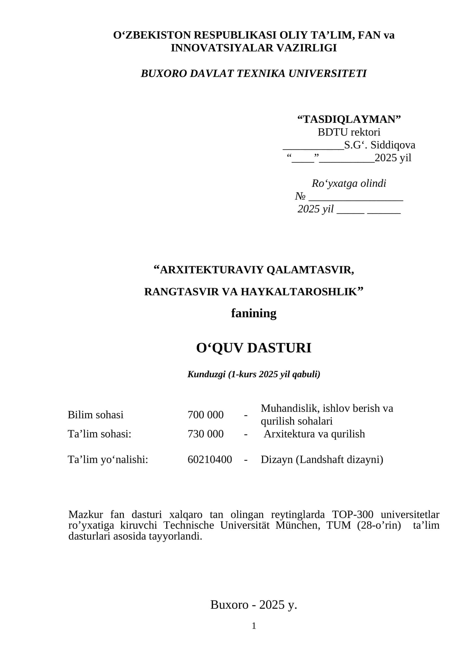 “ARXITEKTURAVIY QALAMTASVIR, RANGTASVIR VA HAYKALTAROSHLIK” fanining O‘QUV DASTURI 1
