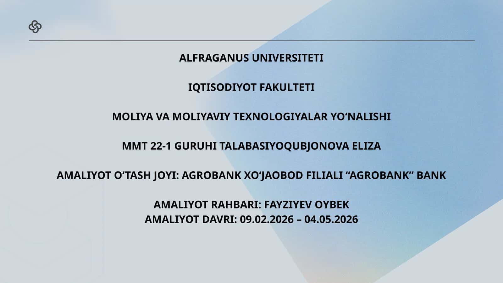 “AGROBANK” BANK AMALIYOT HISOBOTI SLAYTI 1
