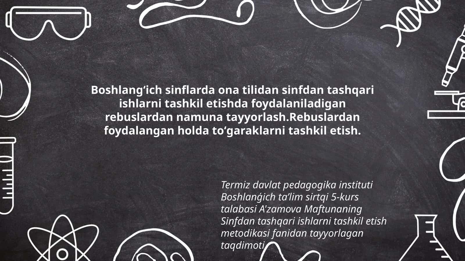 A'zamova Maftunaning Sinfdan Tashqari Ishlarni Tashkil Etish Metodikasi Fanidan Tayyorlagan Taqdimoti 1