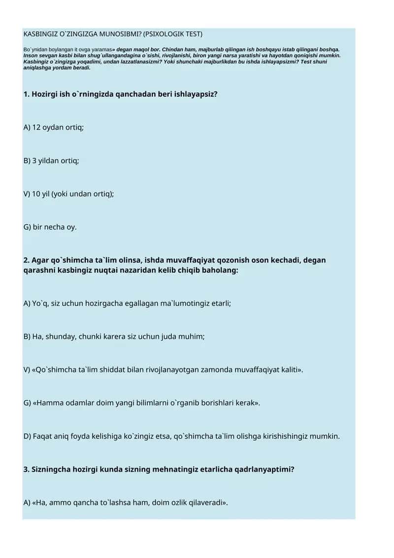 KASBINGIZ O`ZINGIZGA MUNOSIBMI? (PSIXOLOGIK TEST) 1