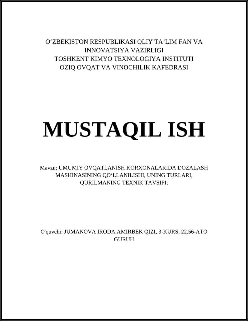 Dozalash mashinasi va uning umumiy ovqatlanish korxonalarida qo'llanilishi 1