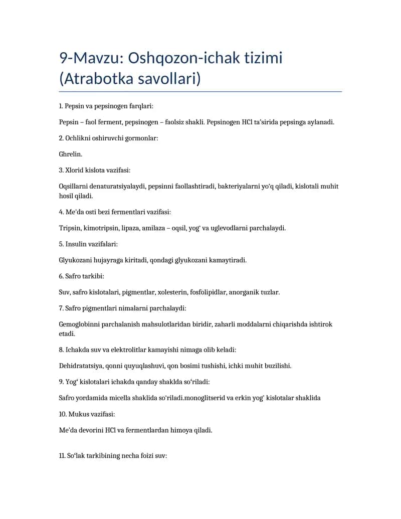 Oshqozon-ichak tizimi (Atrabotka savollari) 1