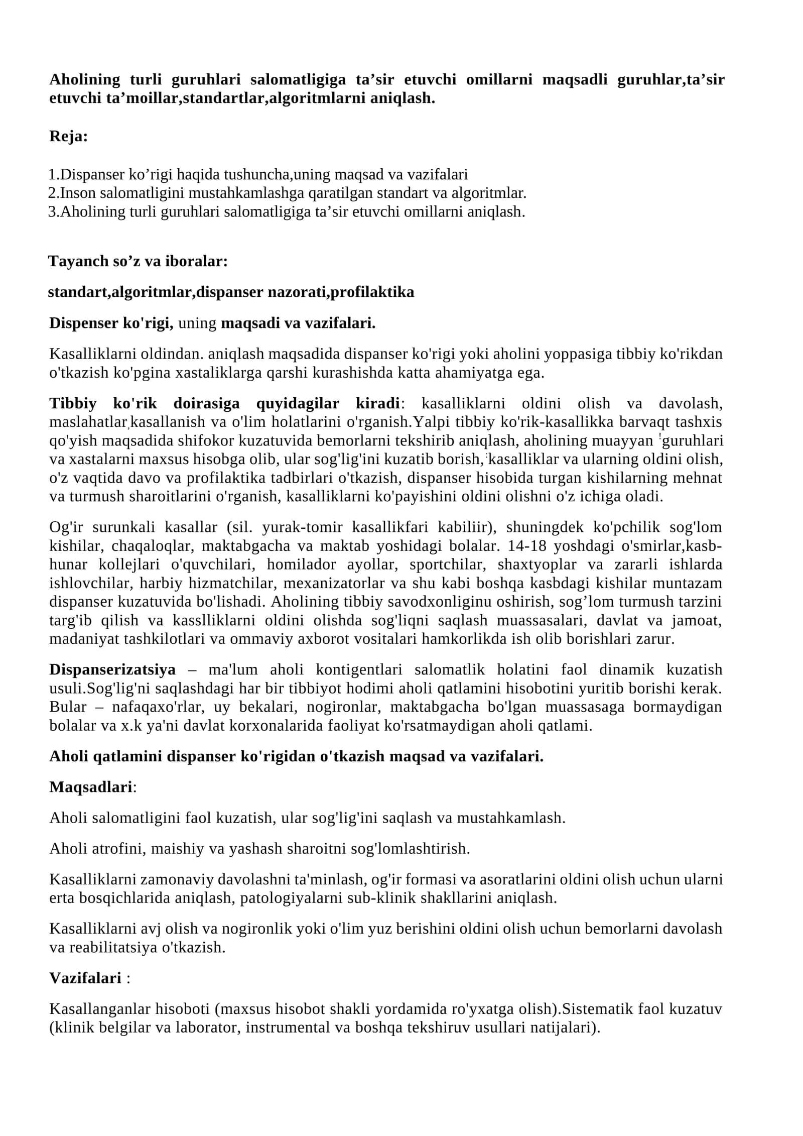 Aholining turli guruhlari salomatligiga ta’sir etuvchi omillarni maqsadli guruhlar,ta’sir etuvchi ta’moillar,standartlar,algoritmlarni aniqlash 1