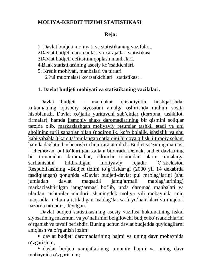 MOLIYA-KREDIT TIZIMI STATISTIKASI 1