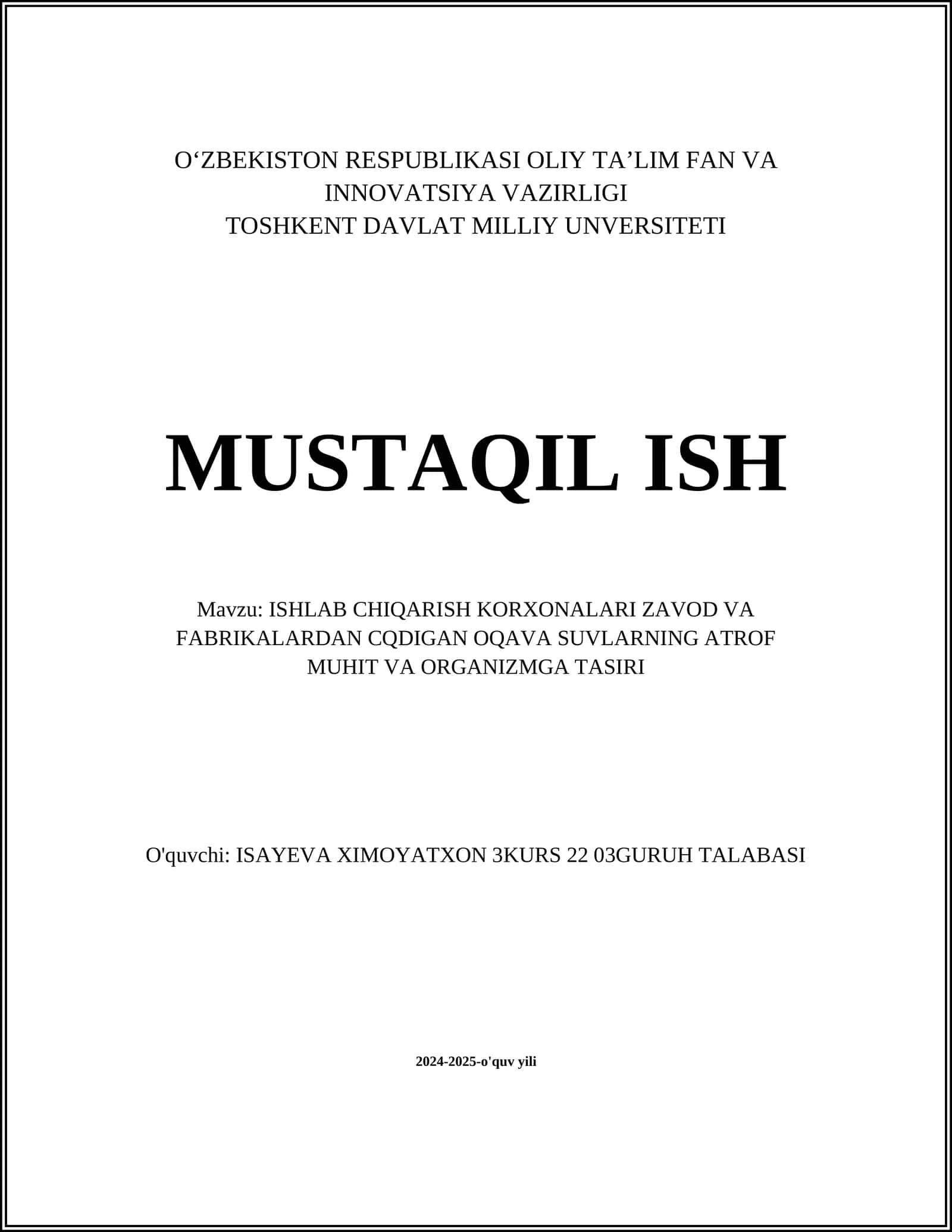 ISHLAB CHIQARISH KORXONALARI ZAVOD VA FABRIKALARDAN CQDIGAN OQAVA SUVLARNING ATROF MUHIT VA ORGANIZMGA TASIRI 1