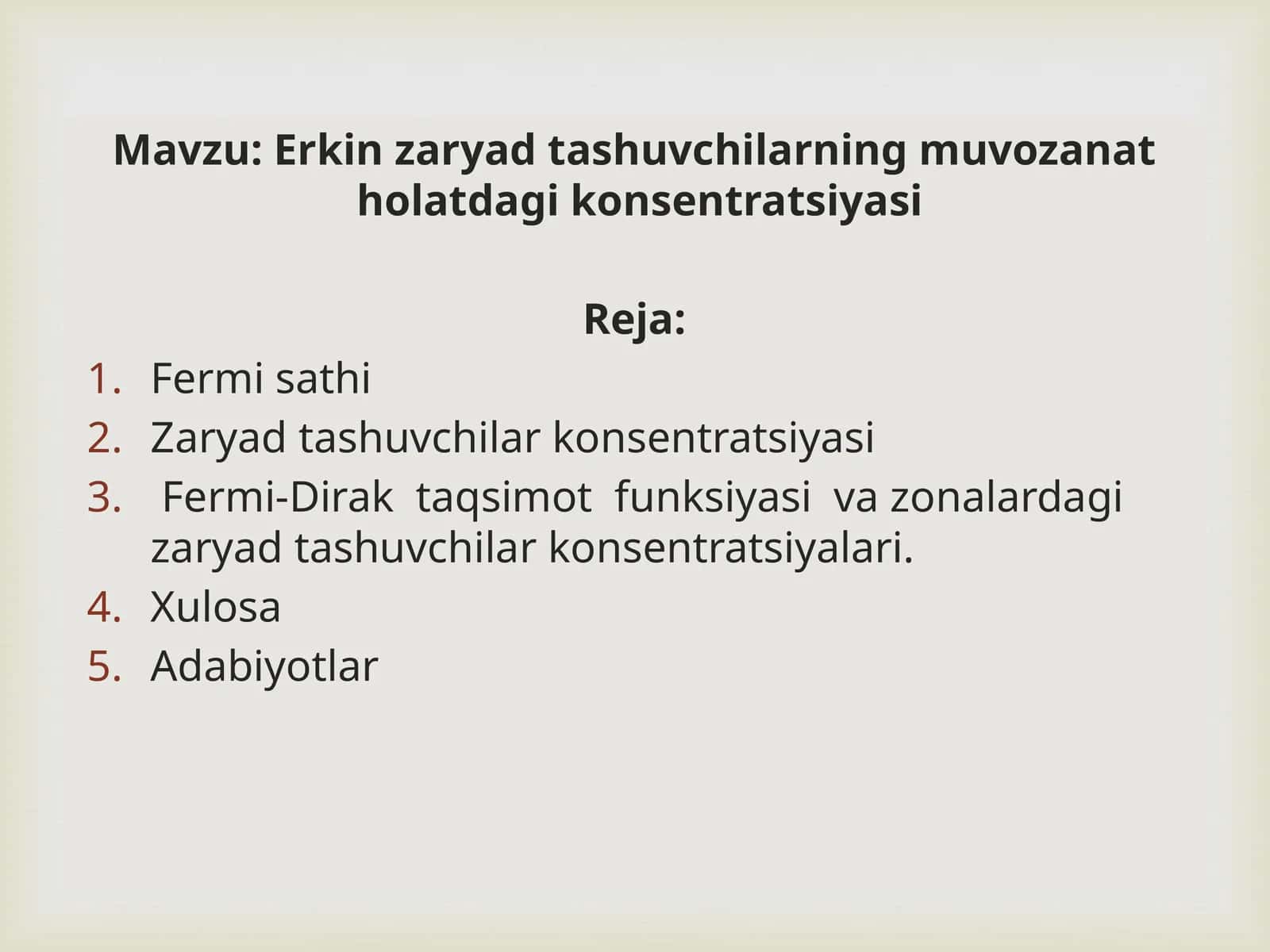 Erkin zaryad tashuvchilarning muvozanat holatdagi konsentratsiyasi 1
