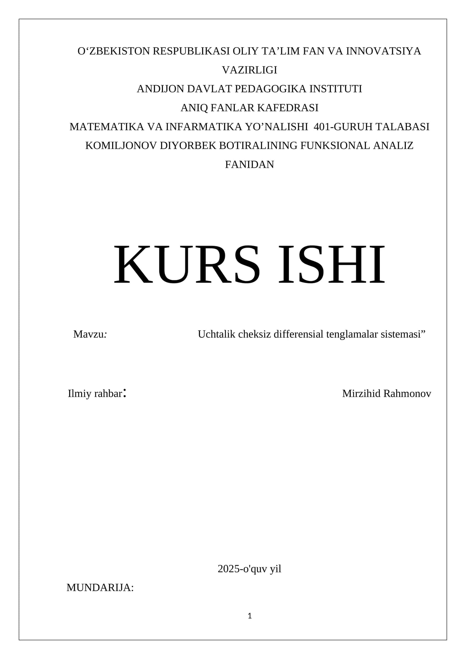 Uchtalik cheksiz differensial tenglamalar sistemasi 1