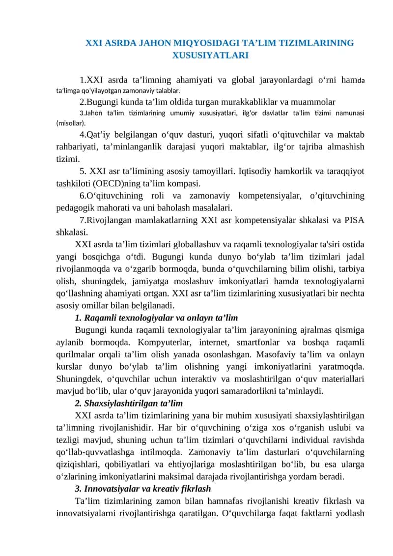XXI ASRDA JAHON MIQYOSIDAGI TA’LIM TIZIMLARINING XUSUSIYATLARI 1