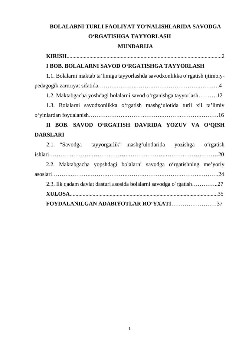 Bolalarni TURLI FAOLIYAT YO‘NALISHLARIDA SAVODGA O‘RGATISHGA TAYYORLASH 1