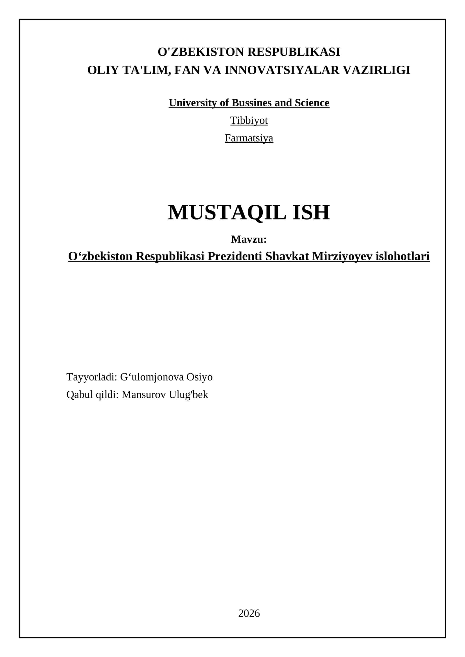 Oʻzbekiston Respublikasi Prezidenti Shavkat Mirziyoyev islohotlari 1