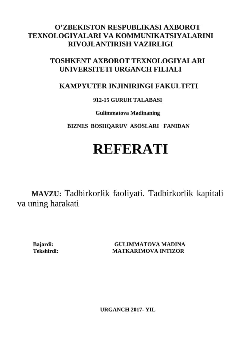 BIZNES BOSHQARUV ASOSLARI FANIDAN REFERATI 1