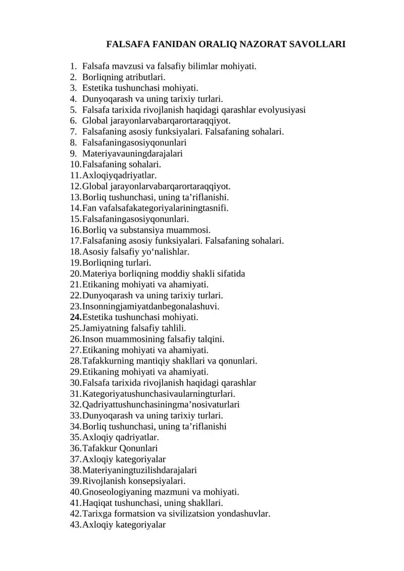 FALSAFA FANIDAN ORALIQ NAZORAT SAVOLLARI 1
