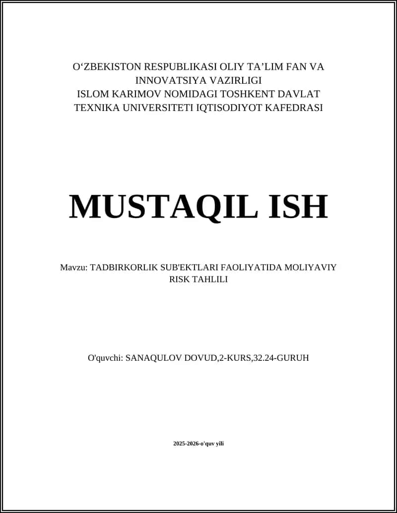 TADBIRKORLIK SUB'EKTLARI FAOLIYATIDA MOLIYAVIY RISK TAHLILI 1