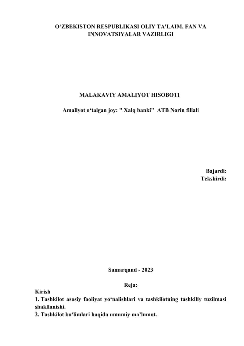 Xalq bankida amaliy jarayonlarning borishi 1