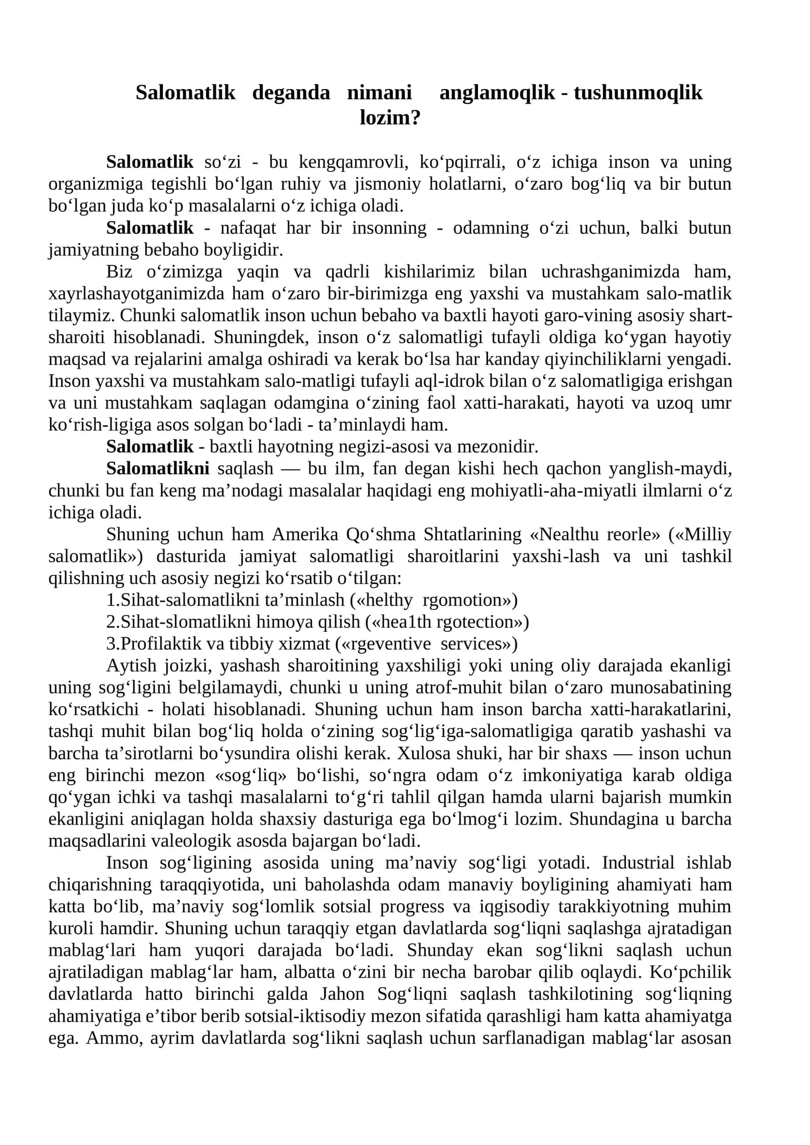 Salomatlik deganda nimani anglamoqlik - tushunmoqlik lozim? 1